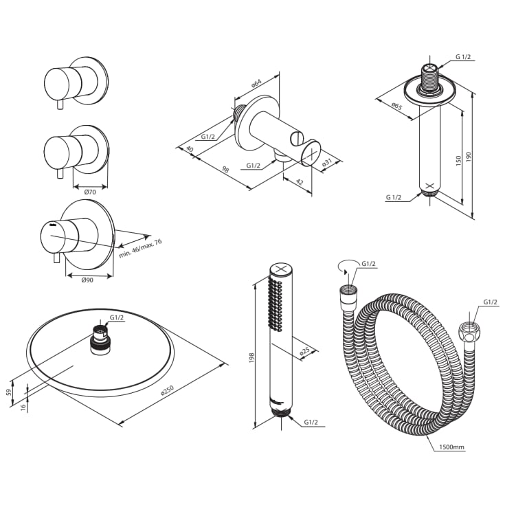 Damixa Silhouet XS2 brusesæt, vandbesparende, børstet messing