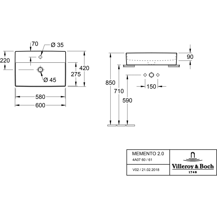 Villeroy & Boch Memento 2.0 håndvask, 60x42 cm, mat grå