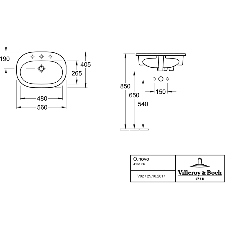 Villeroy & Boch O.Novo servant, 56x40,5 cm, hvit