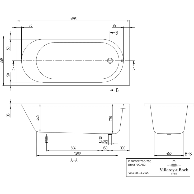 Villeroy & Boch O.novo badekar for innbygging, Akryl, 170x75 cm, hvit
