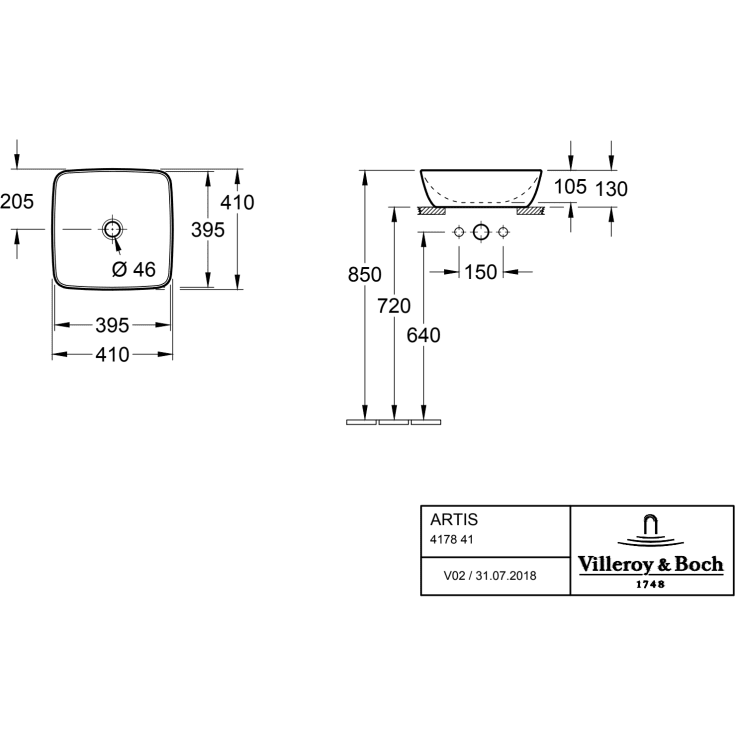 Villeroy & Boch Artis håndvask, 41x41 cm, grå