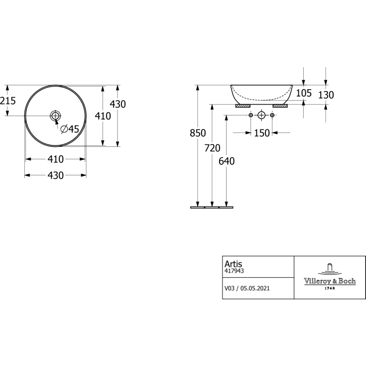Villeroy & Boch Artis håndvask, Ø43 cm, grå