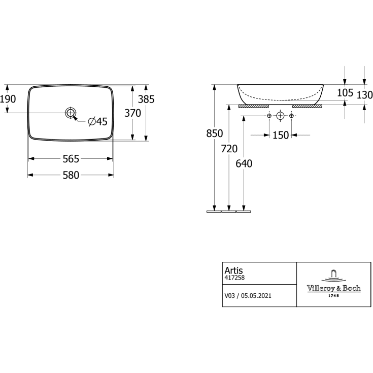 Villeroy & Boch Artis håndvask, 58x38,5 cm, grå