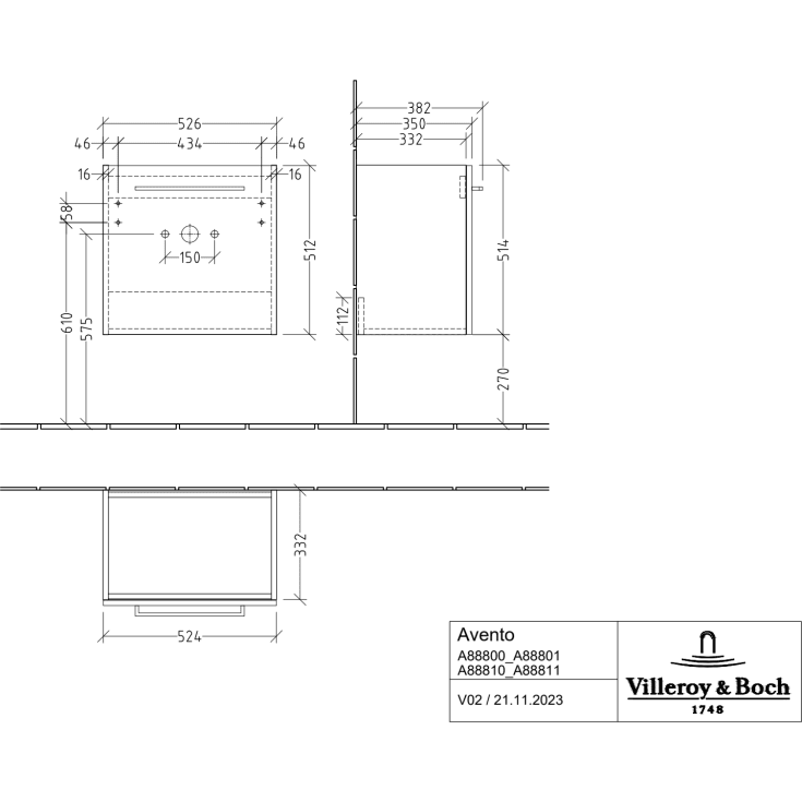 Villeroy & Boch Avento A888 tvättställsunderskåp, 52,6x38,2 cm, höger, ek