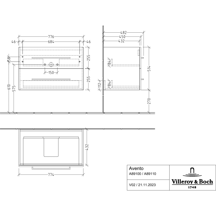 Villeroy & Boch Avento A891 underskab, 77,6x48,2 cm, eg
