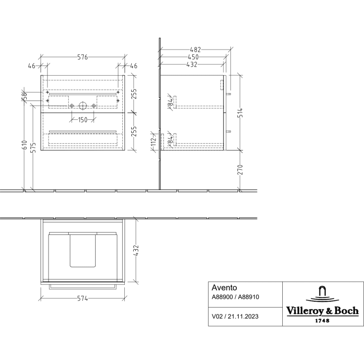Villeroy & Boch Avento A889 underskab, 57,6x48,2 cm, eg