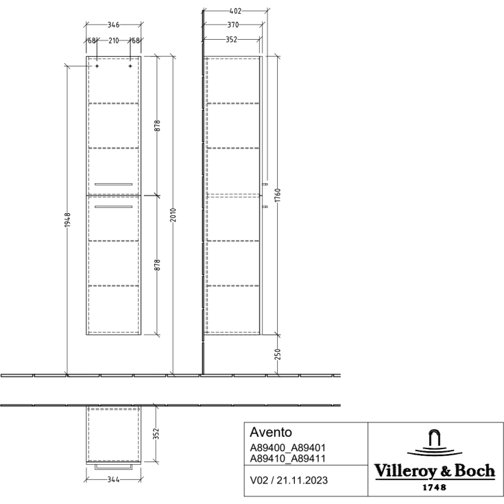 Villeroy & Boch Avento A894 højskab, 34,6x176 cm, venstre, brun eg