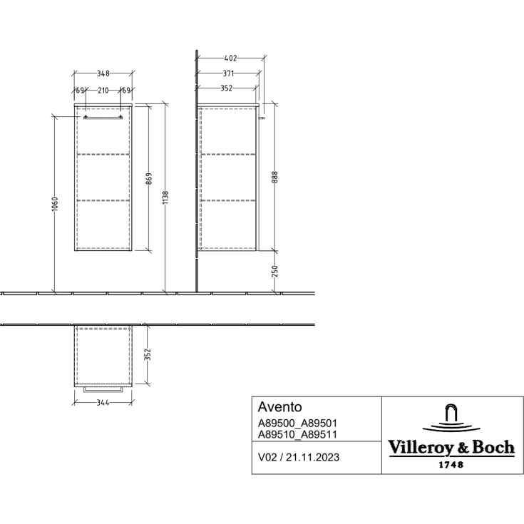 Villeroy & Boch Avento A895 vægskab, 34,8x88,8 cm, venstre, brun eg