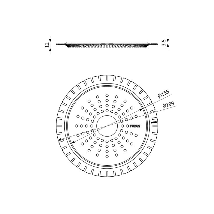 Purus Sun afløbsrist, til microcement, Ø150 mm, sort
