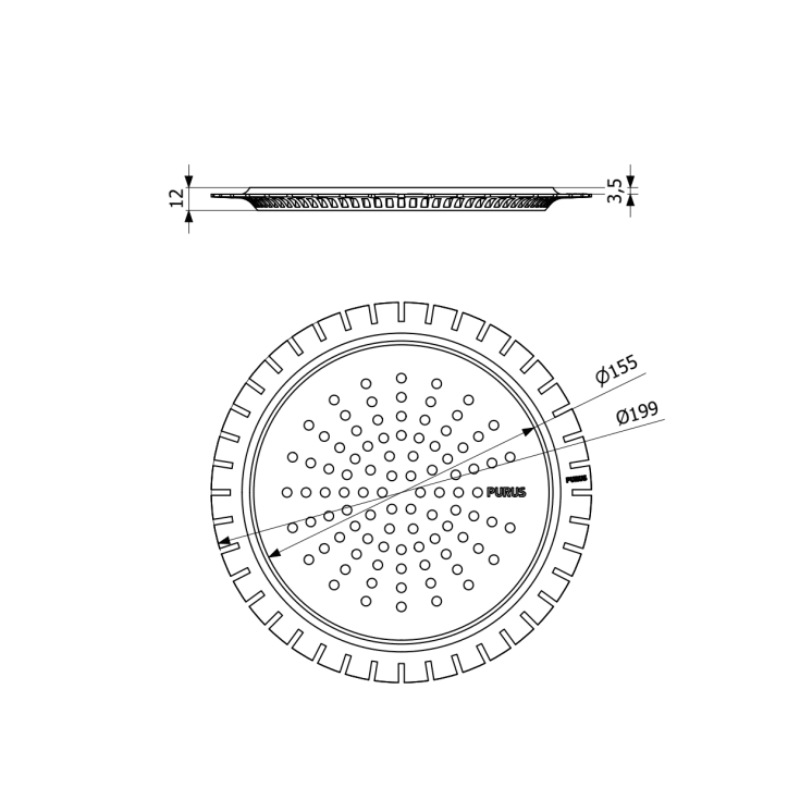 Purus Sun afløbsrist, til microcement, Ø150 mm, børstet rustfrit stål