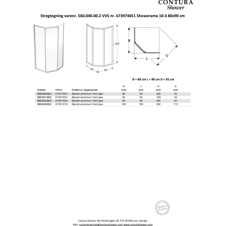 Contura Shower Duschkabin Showerama, 89x79 cm, klart glas, aluminiumprofil