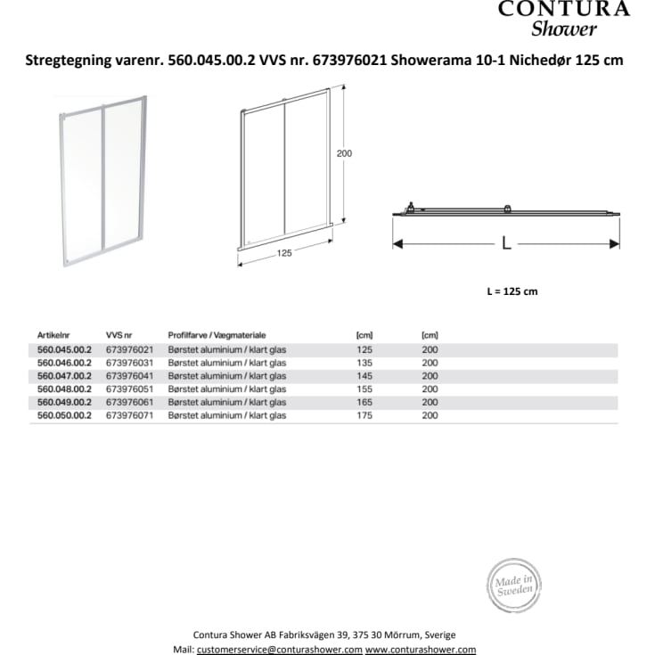 Contura Shower Showerama skydedør, 124 cm, klart glas, aluminium profil