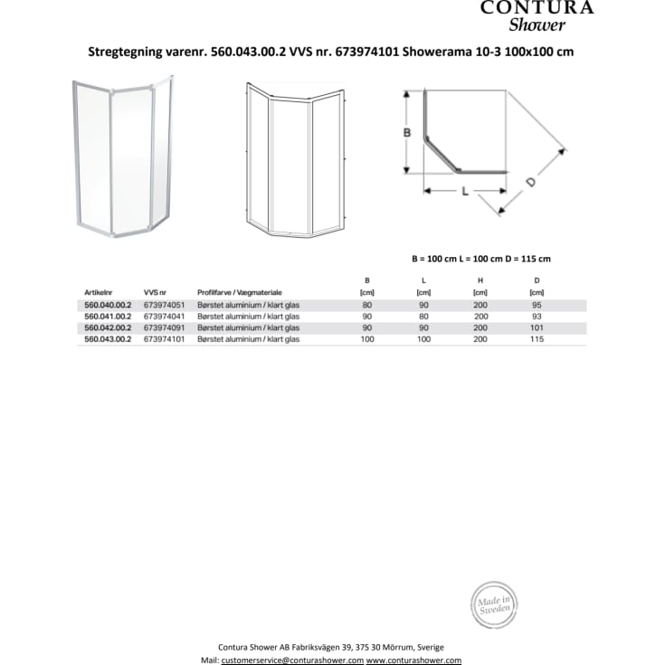 Contura Shower Showerama brusehjørne, 99x99 cm, klart glas, aluminium profil