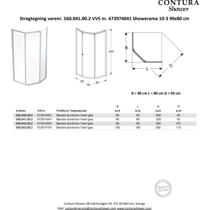 Contura Shower Showerama brusehjørne, 79x89 cm, klart glas, aluminium profil