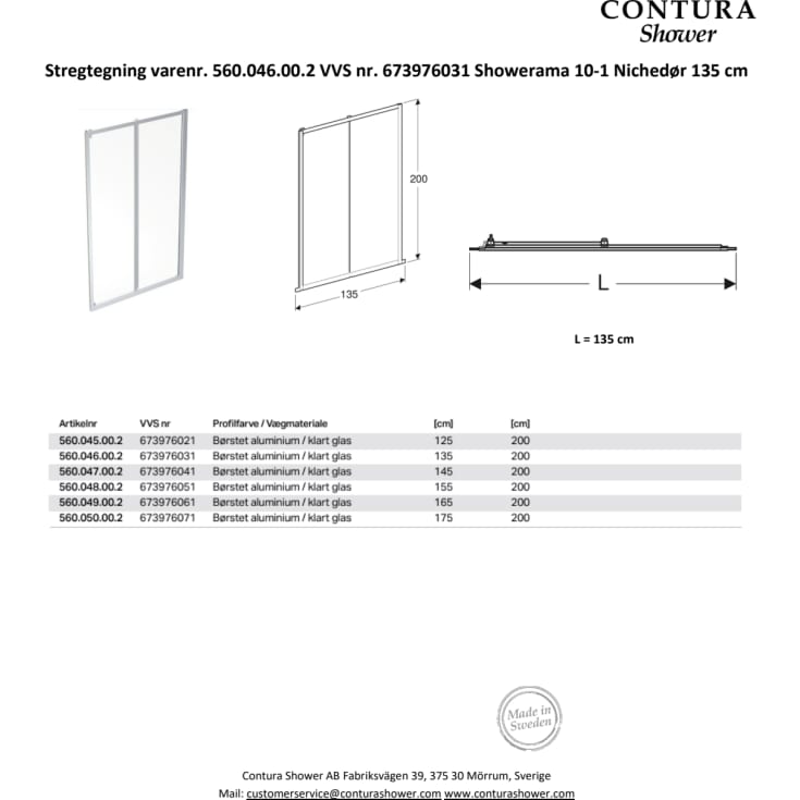 Contura Shower Showerama skydedør, 134 cm, klart glas, aluminium profil