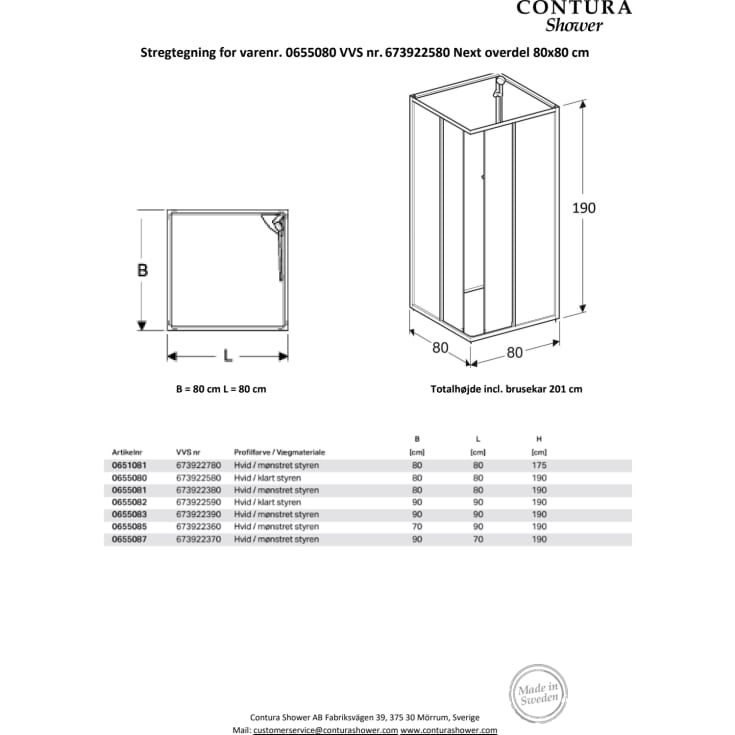 Contura Shower Next NK brusekabine overdel, skydedør, 80x80 cm, klart styren