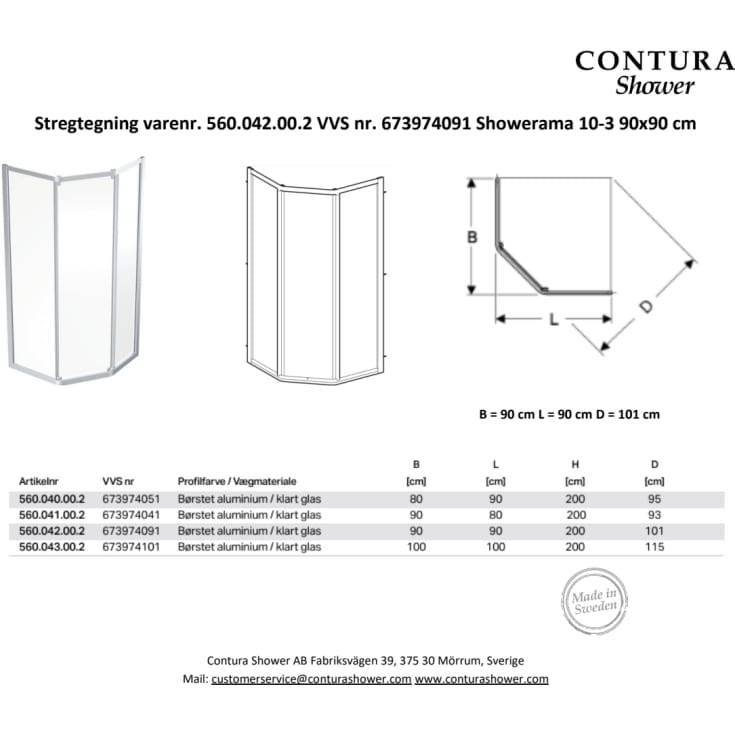 Contura Shower Showerama brusehjørne, 89x89 cm, klart glas, aluminium profil