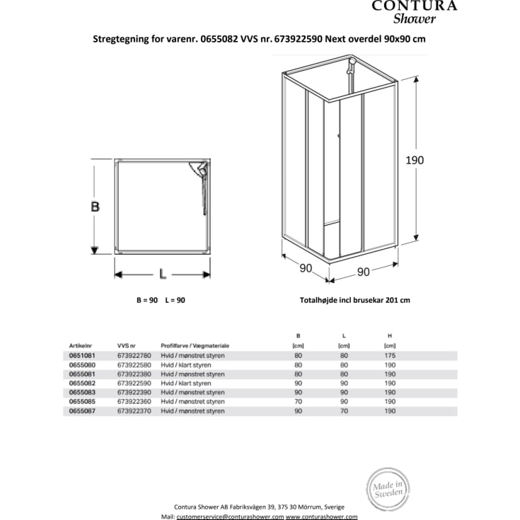 Contura Shower Next NK brusekabine overdel, skydedør, 90x90 cm, klart styren