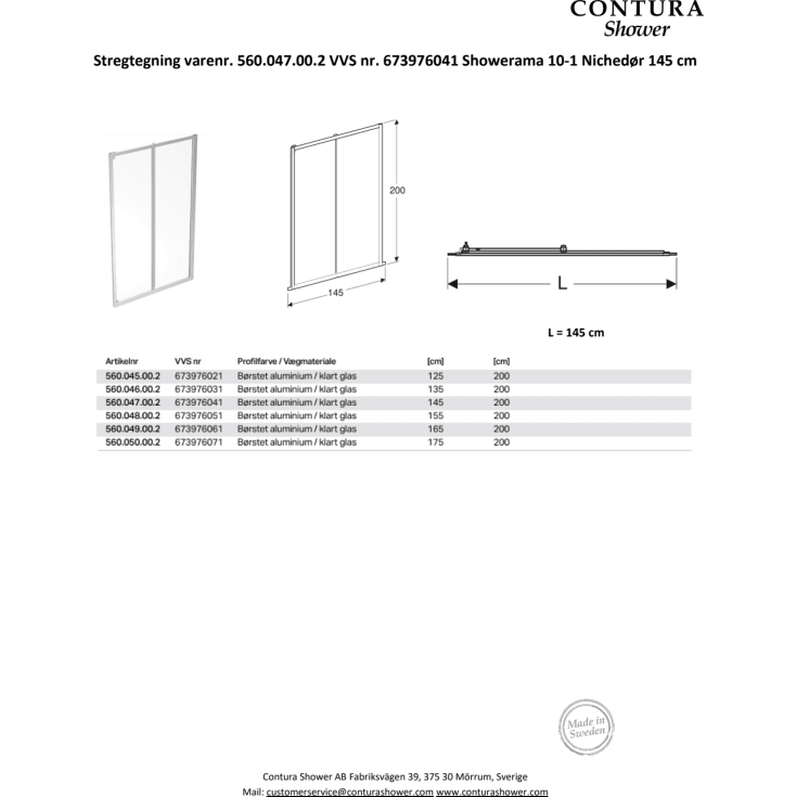 Contura Shower Showerama skjutdörr, 144 cm, klart glas, aluminiumprofil
