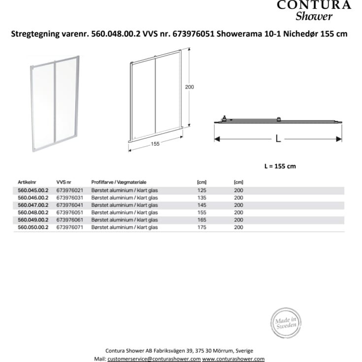 Contura Shower Showerama skydedør, 154 cm, klart glas, aluminium profil