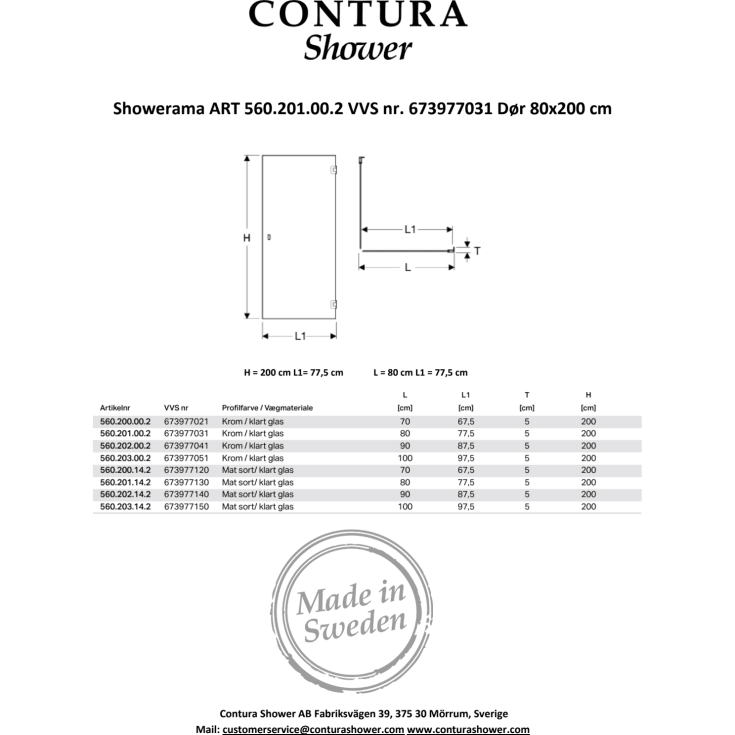 Contura Shower Showerama Art brusedør, 77,5 cm, klart glas, krom