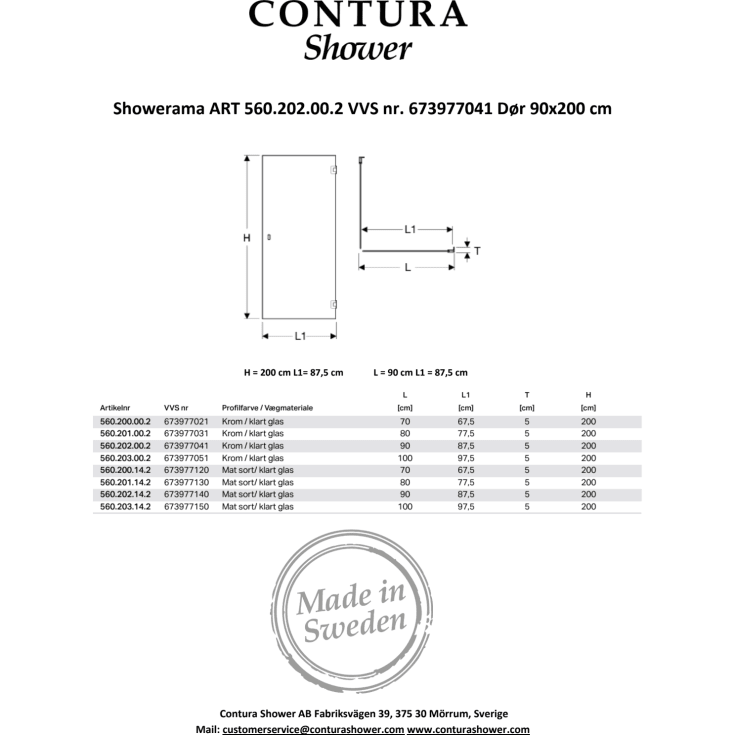 Contura Shower Showerama Art brusedør, 87,5 cm, klart glas, krom
