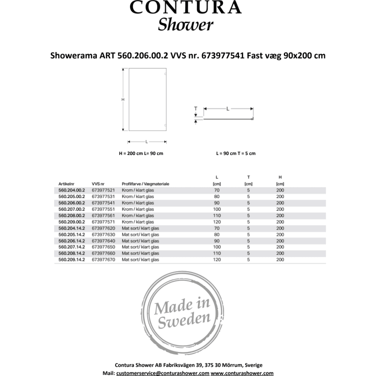 Contura Shower Showerama Art brusevæg, 90 cm, klart glas, krom