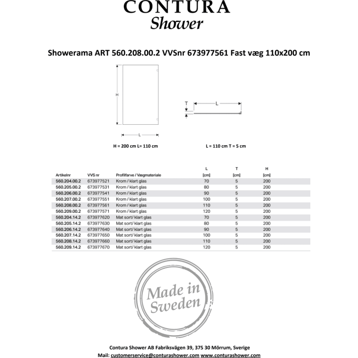 Contura Shower Showerama Art brusevæg, 110 cm, klart glas, krom