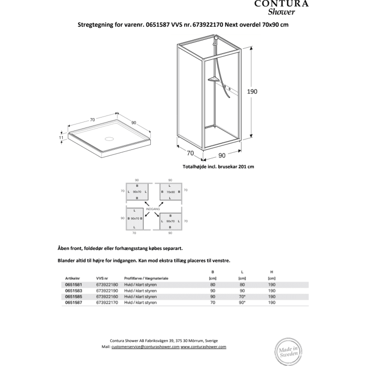 Contura Shower Next NK brusekabine overdel, 90x70 cm, klar styren