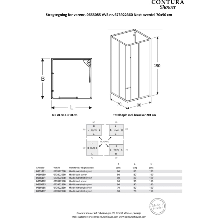 Contura Shower Next NKH brusekabine overdel, skydedør, 90x70 cm, mønstret styren
