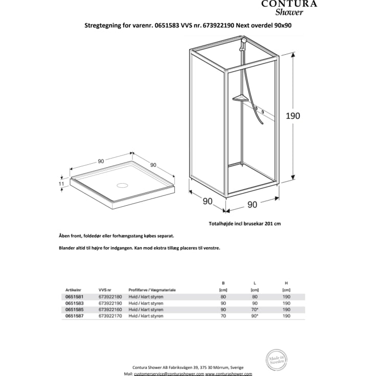 Contura Shower Next NK duschkabin, övre del, 90x90 cm, klar styren
