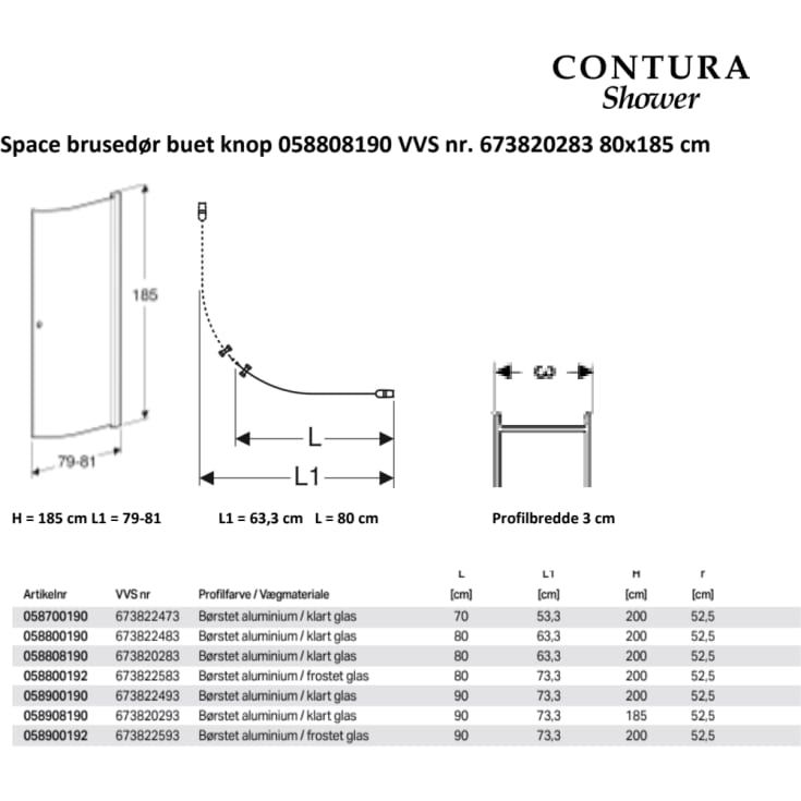 Contura Shower Space dusjdør, 62,3 cm, lav modell, klart glass, aluminiumsprofil