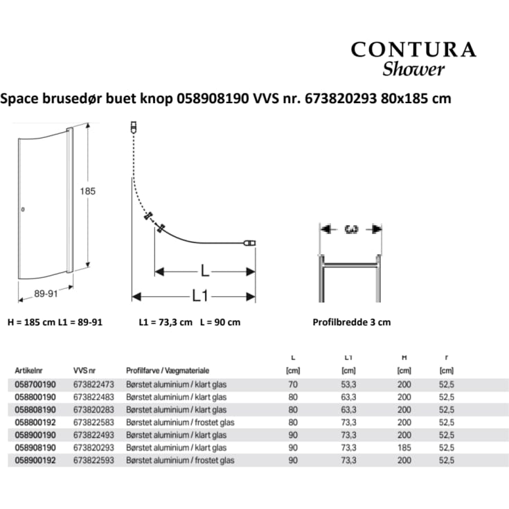 Contura Shower Space dusjdør, 72,3 cm, lav modell, klart glass, aluminiumsprofil