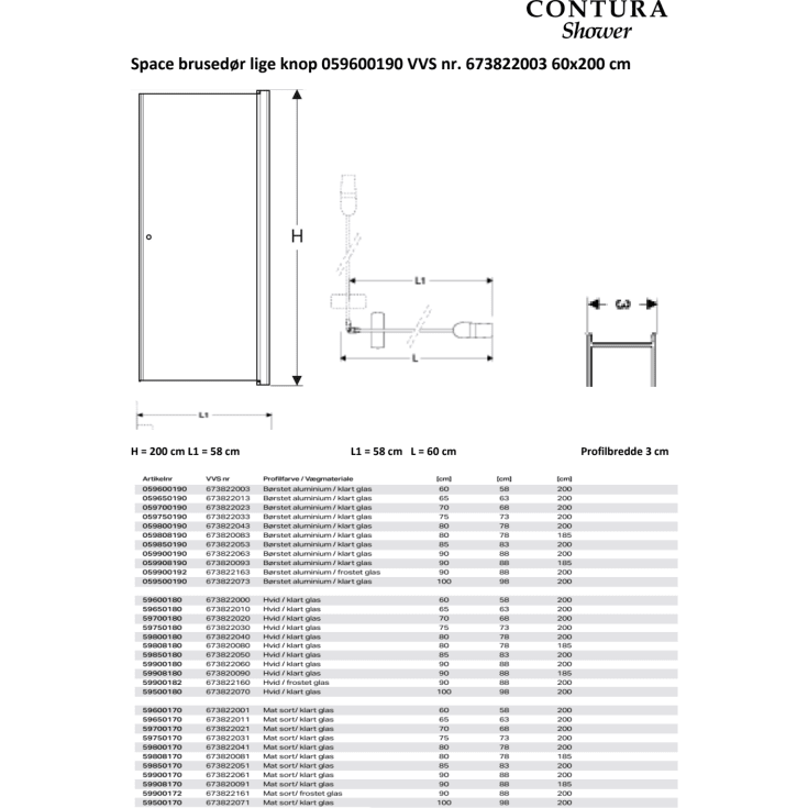 Contura Shower Space brusedør, 57 cm, klart glas, aluminium profil