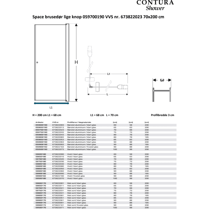 Contura Shower Space duschdörr, 67 cm, klart glas, aluminiumprofil