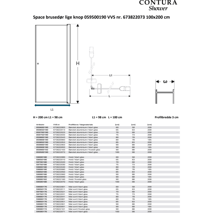 Contura Shower Space brusedør, 97 cm, klart glas, aluminium profil