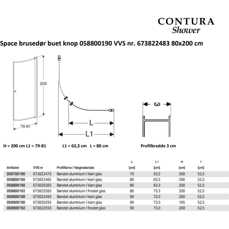 Contura Shower Space brusedør, 62,3 cm, klart glas, aluminium profil