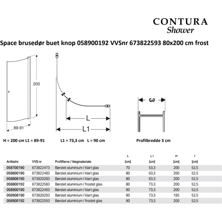 Contura Shower Space brusedør, 72,3 cm, klart glas, hvid profil