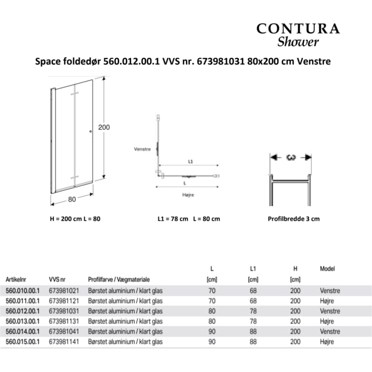Contura Shower Space foldedør, 77 cm, venstre, klart glas, aluminium profil
