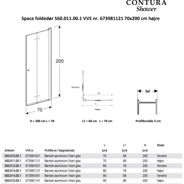 Contura Shower Space foldedør, 67 cm, højre, klart glas, aluminium profil