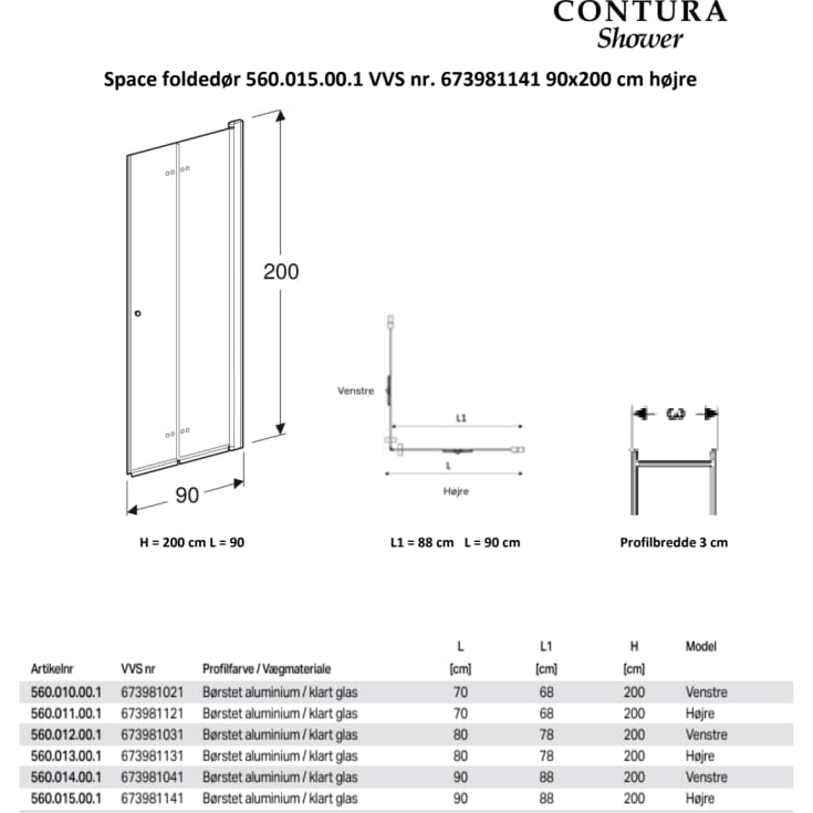 Contura Shower Showerama dusjdør, 90x200 cm, høyre, klart glass, aluminium profil