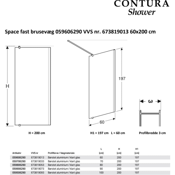 Contura Shower Space brusevæg, 59 cm, klart glas, aluminium profil