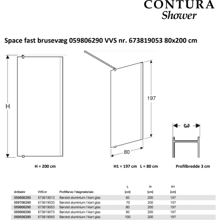 Contura Shower Space duschvägg, 79 cm, klart glas, aluminiumprofil