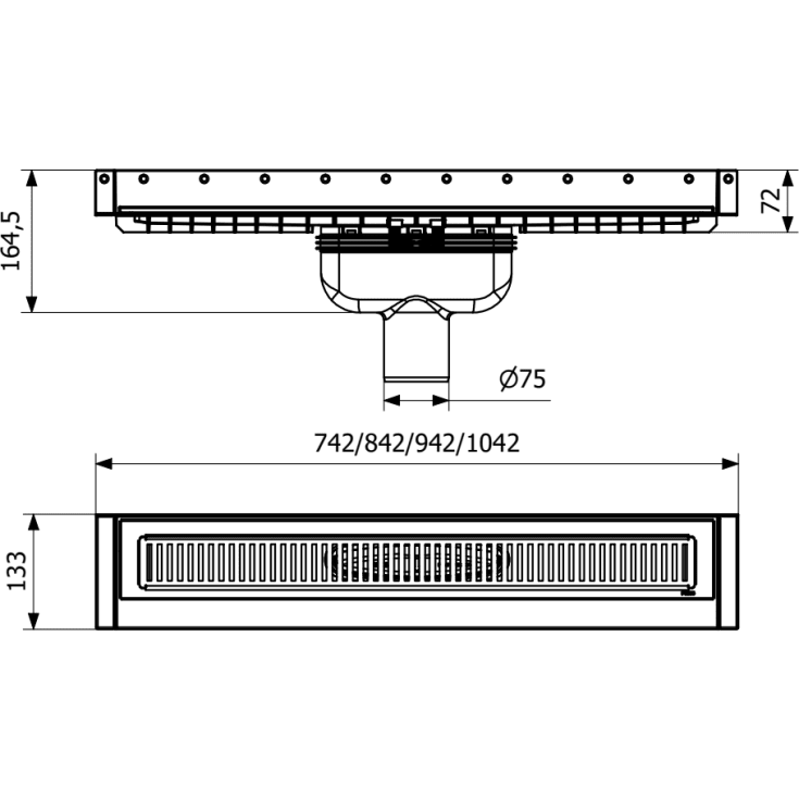 Purus Line komplet gulvafløb, 1000 mm, Ø75 mm, rustfrit stål