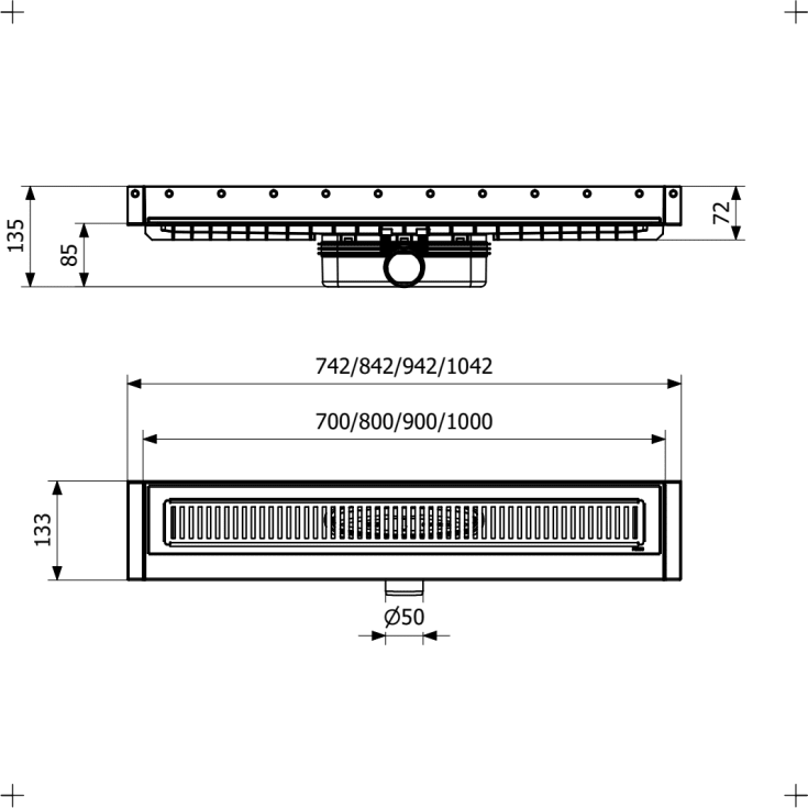 Purus Line komplet gulvafløb, 800 mm, Ø50 mm, rustfrit stål