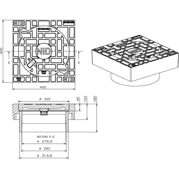 NID fast karm med dæksel, til Ø315 mm opføringsrør, 12,5 ton, komposit