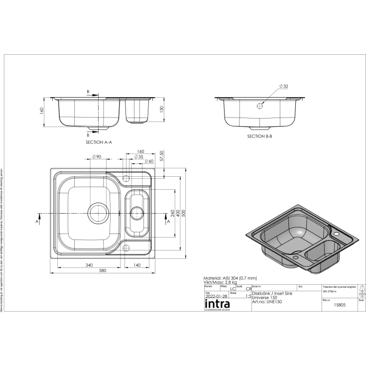 Intra Universe 150 køkkenvask, 58x50 cm, rustfrit stål
