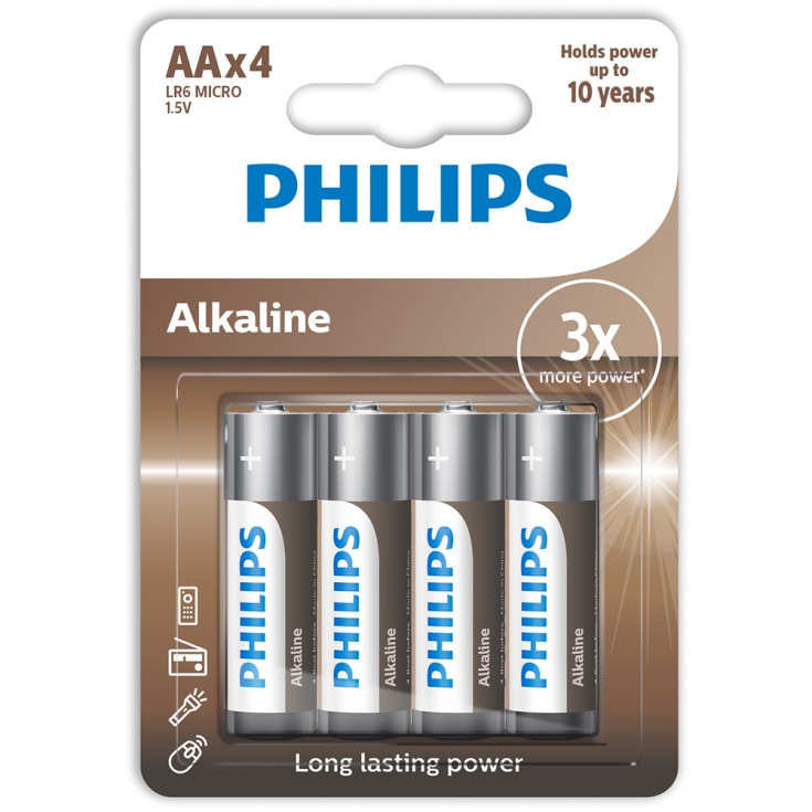 12 stk Philips Tech Alkaline AA batterier, 4 stk.