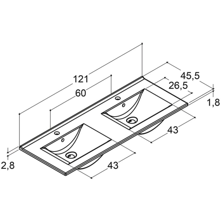 Dansani Mido+ Amber håndvask, 121x45,5 cm, hvid