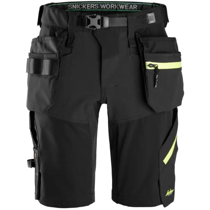 Snickers FlexiWork håndværkershorts+ 6140, Black/Neon Yellow, 54